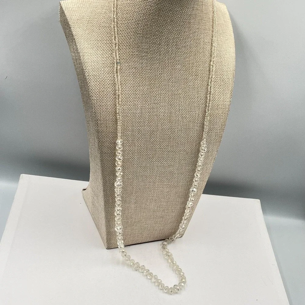 Vintage Long Clear Crystal Bead Necklace Faceted Glass Opera Aurora Borealis‎